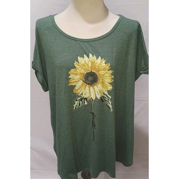 Truself women's 2X green sunflower graphic short sleeve casual T-Shirt - Picture 10 of 10